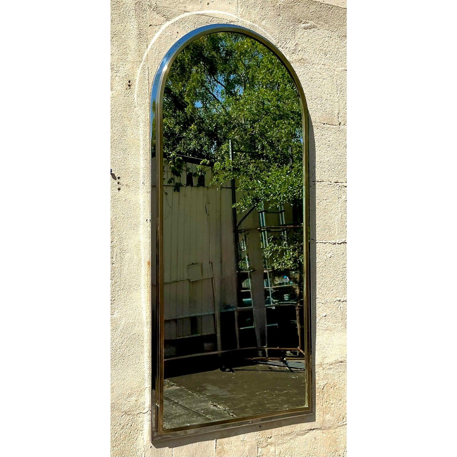 Americano Specchio ad arco in ottone e cromo vintage Boho in vendita