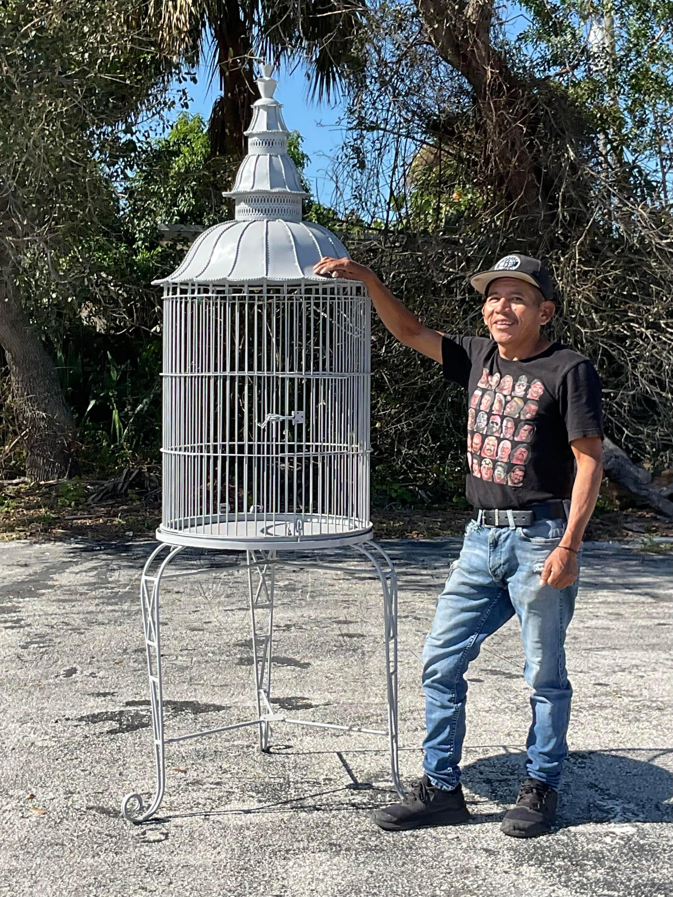 A fantastic vintage Boho bird cage. A chic architectural design in a beautiful pale grey lacquered finish. Acquired from a Palm Beach estate.