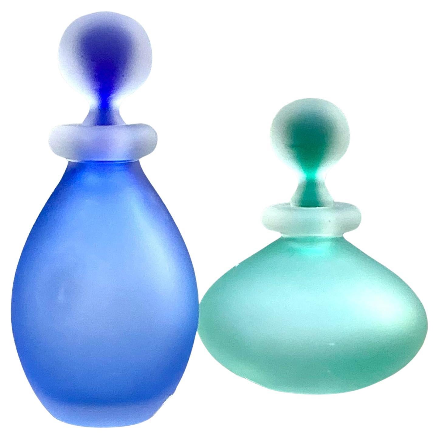 Vintage Boho Art Glass Bottles With Stoppers - Set of 2