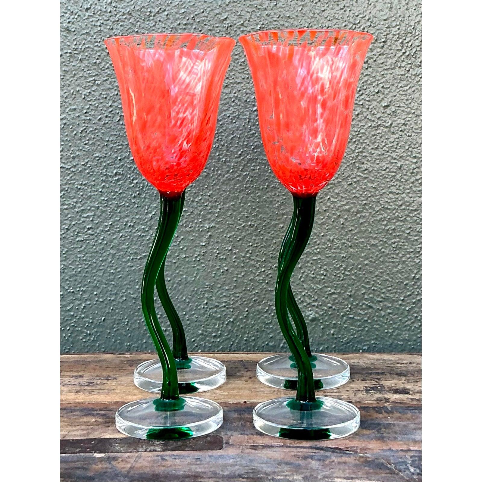 Vintage Boho Art Glass Goblets - Set of 4 (Glaskunst) im Angebot