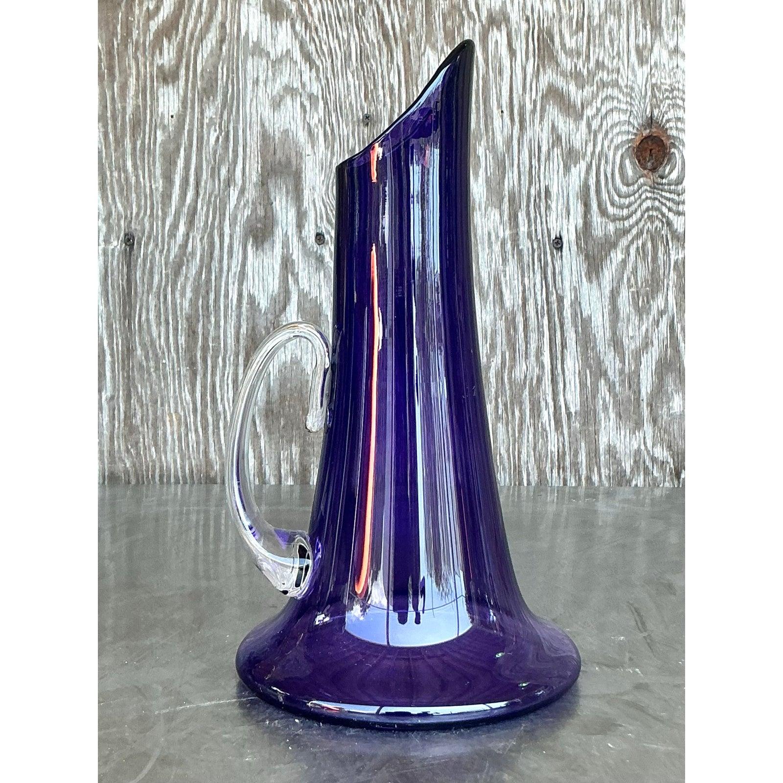 Mid-Century Modern Vintage Boho Art Glass Pitcher For Sale