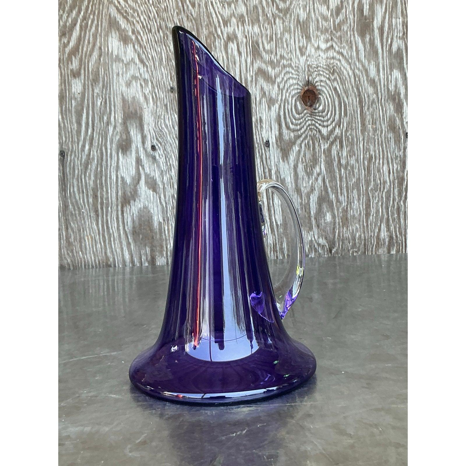American Vintage Boho Art Glass Pitcher For Sale