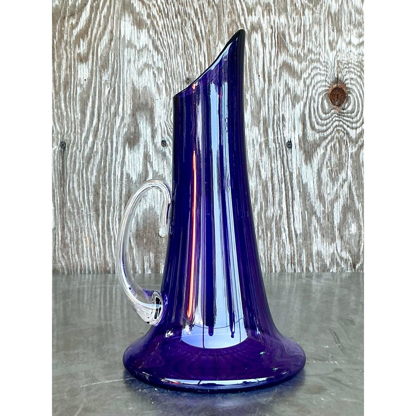 Vintage Boho Art Glass Pitcher In Good Condition For Sale In West Palm Beach, FL