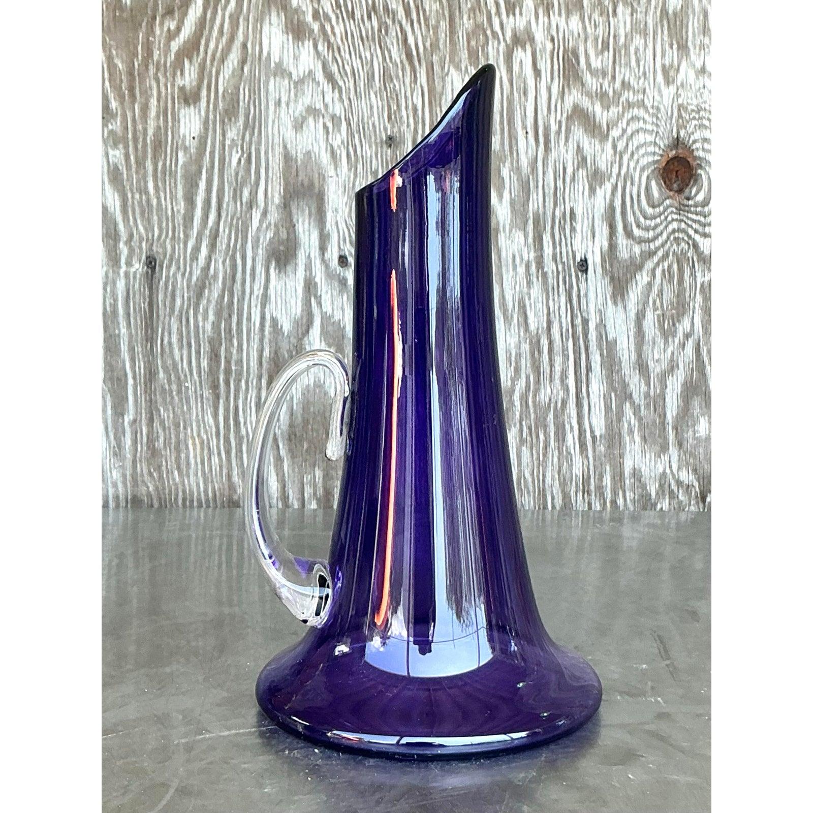 20th Century Vintage Boho Art Glass Pitcher For Sale