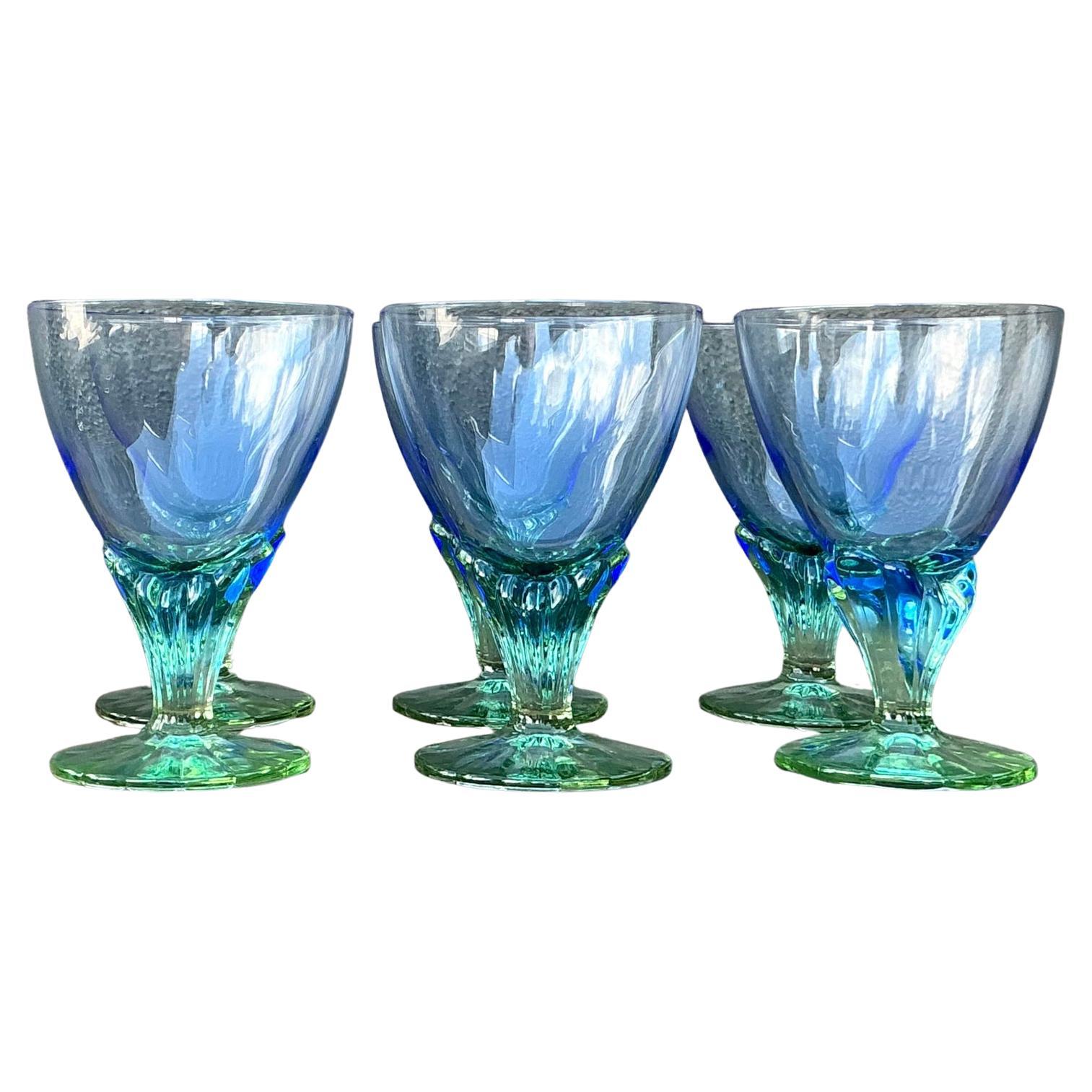 Vintage Boho Art Glass Wine Glasses - Set of 6