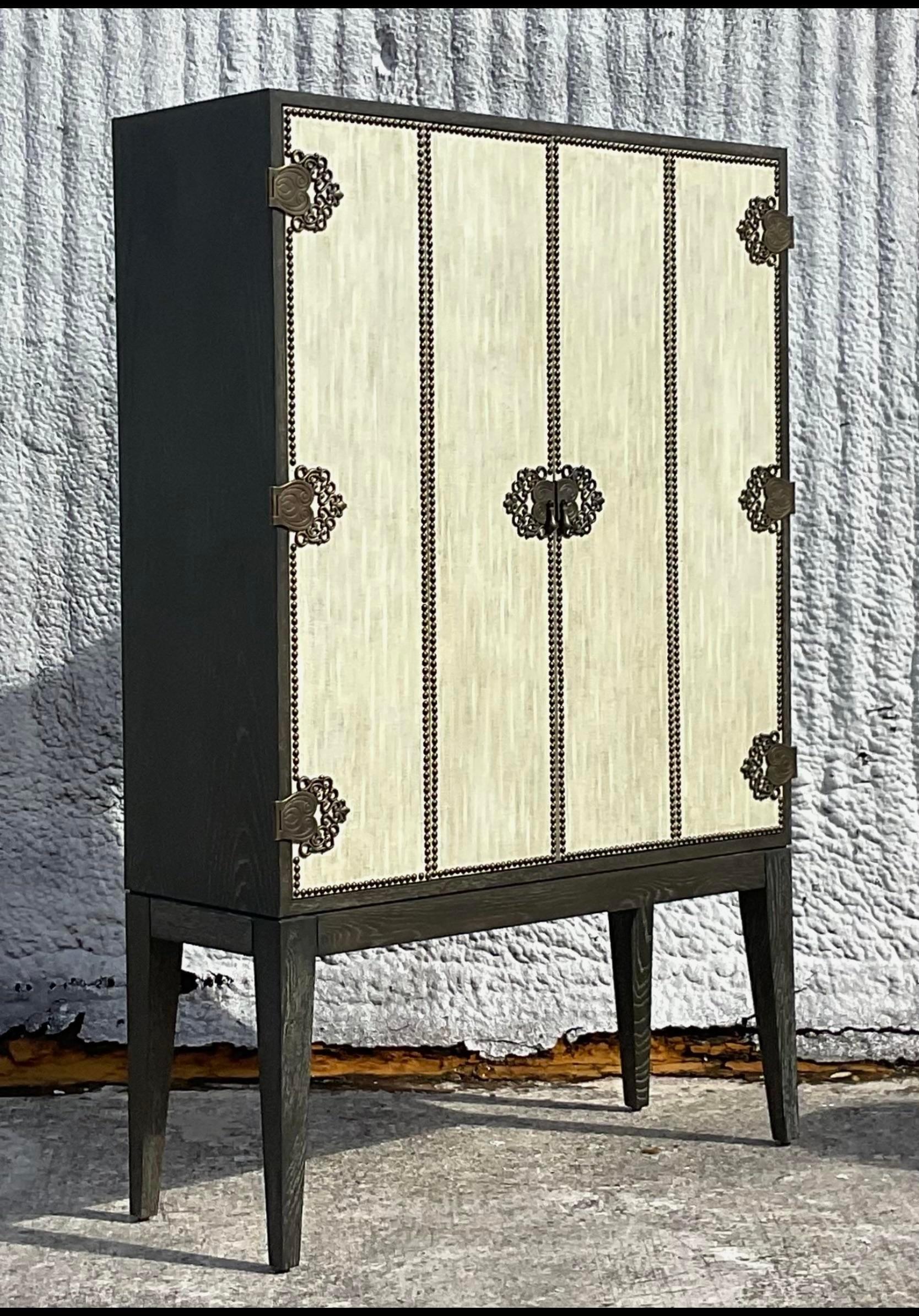 Vintage Boho Arteriors Chelsey 60 Bar Cabinet In Good Condition For Sale In west palm beach, FL