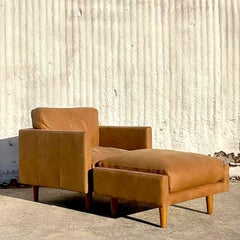 Vintage Boho Article Leather Chair and Ottoman Set