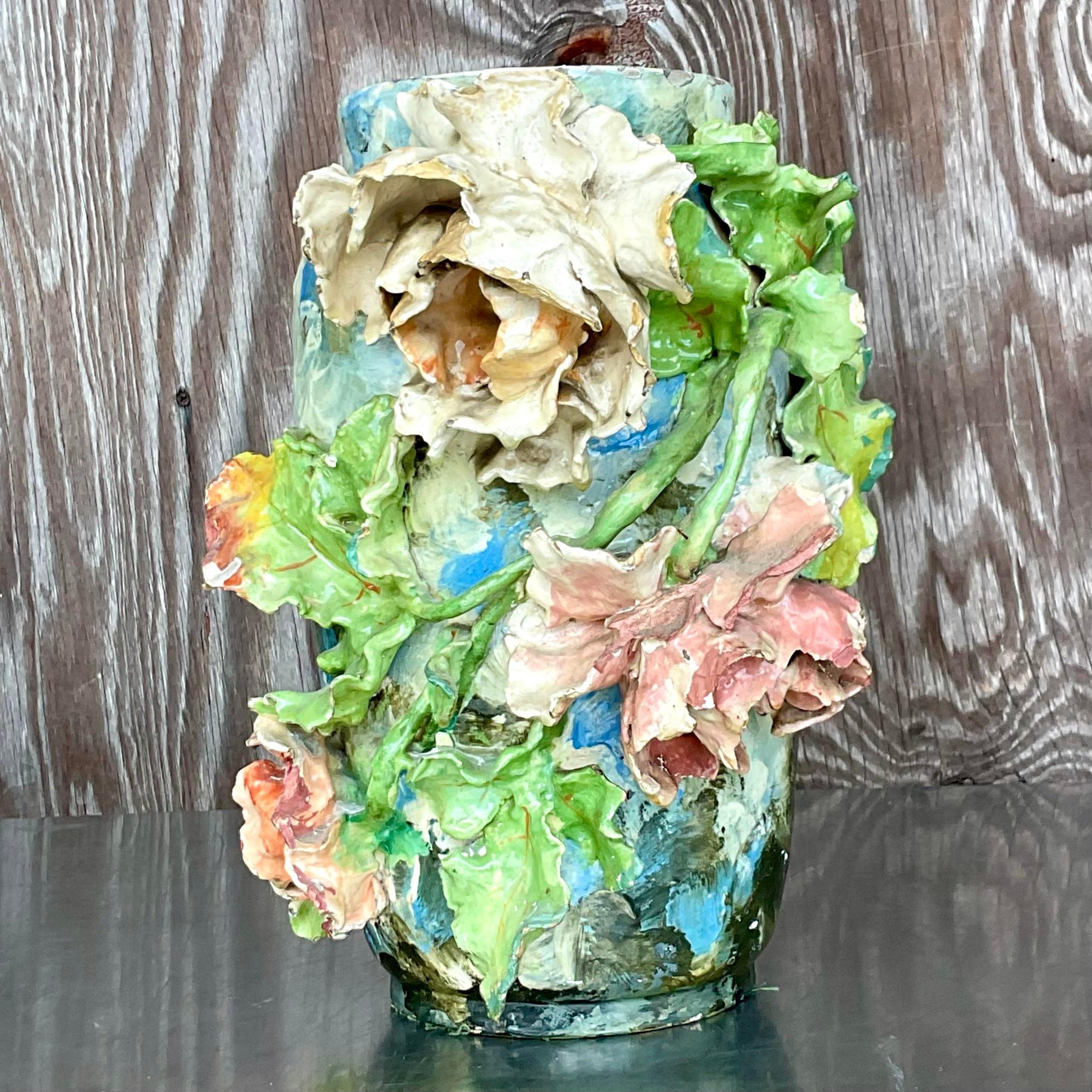 Bohemian Vintage Boho Artisan Ceramic Flower Vase For Sale