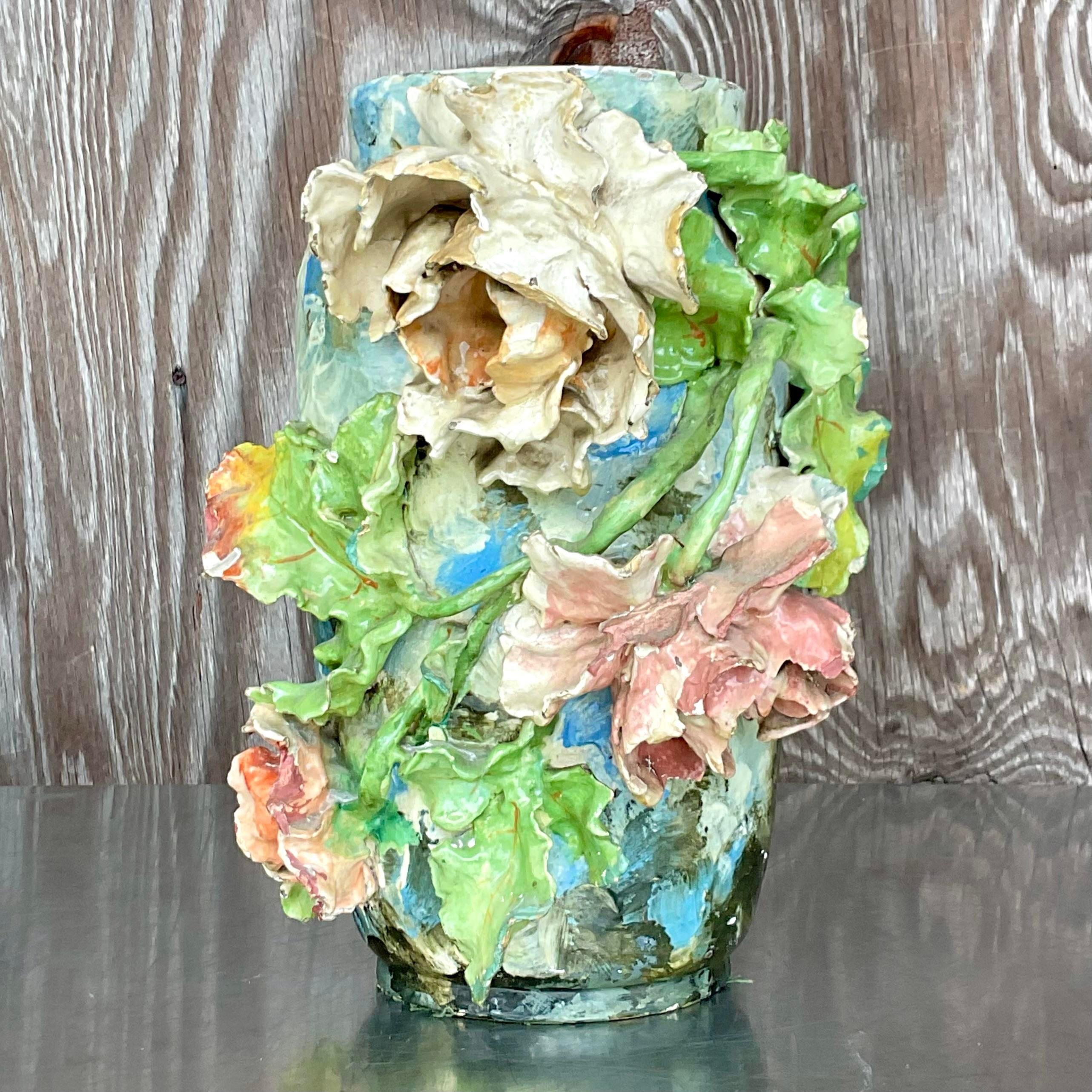 American Vintage Boho Artisan Ceramic Flower Vase For Sale