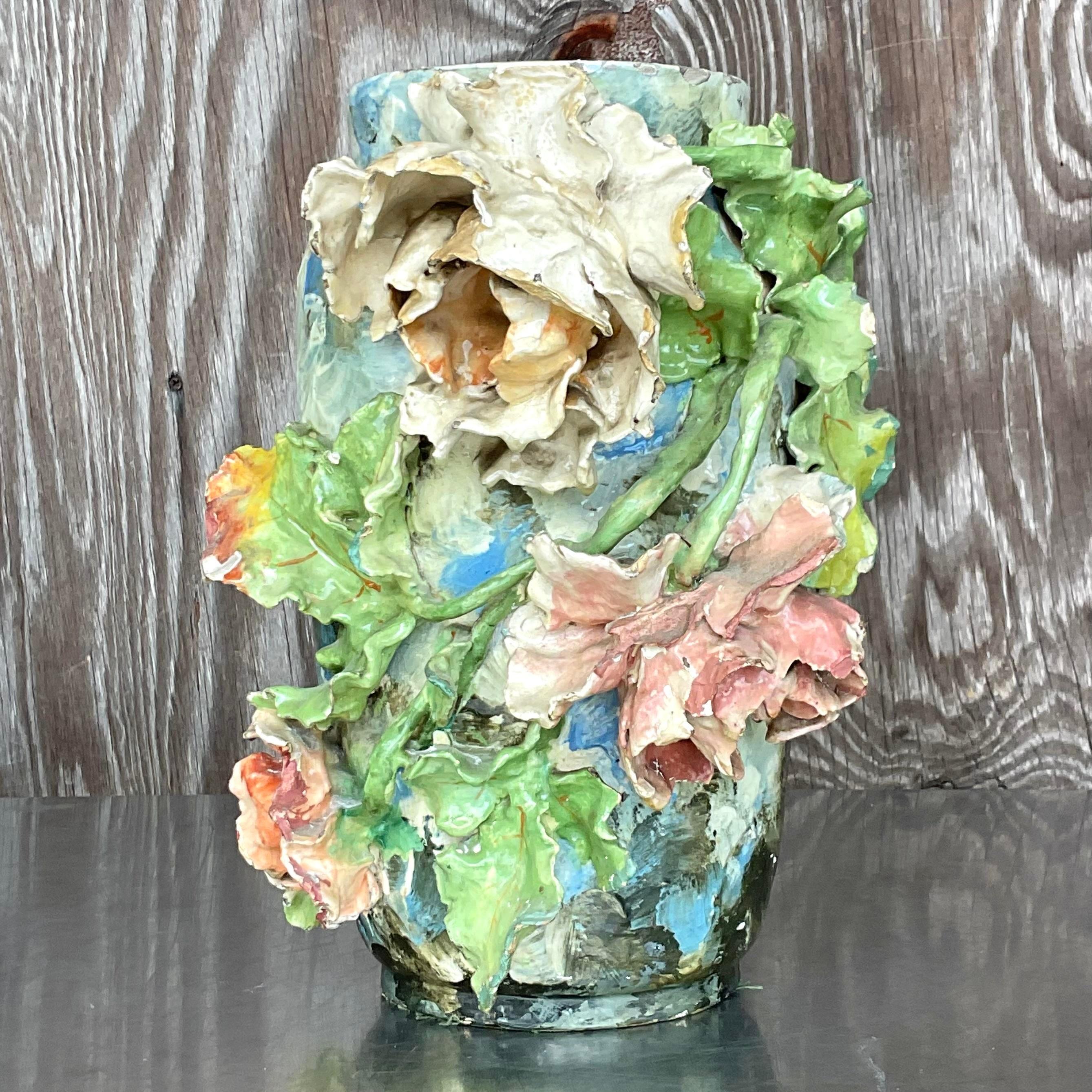 Vintage Boho Artisan Ceramic Flower Vase In Good Condition For Sale In west palm beach, FL