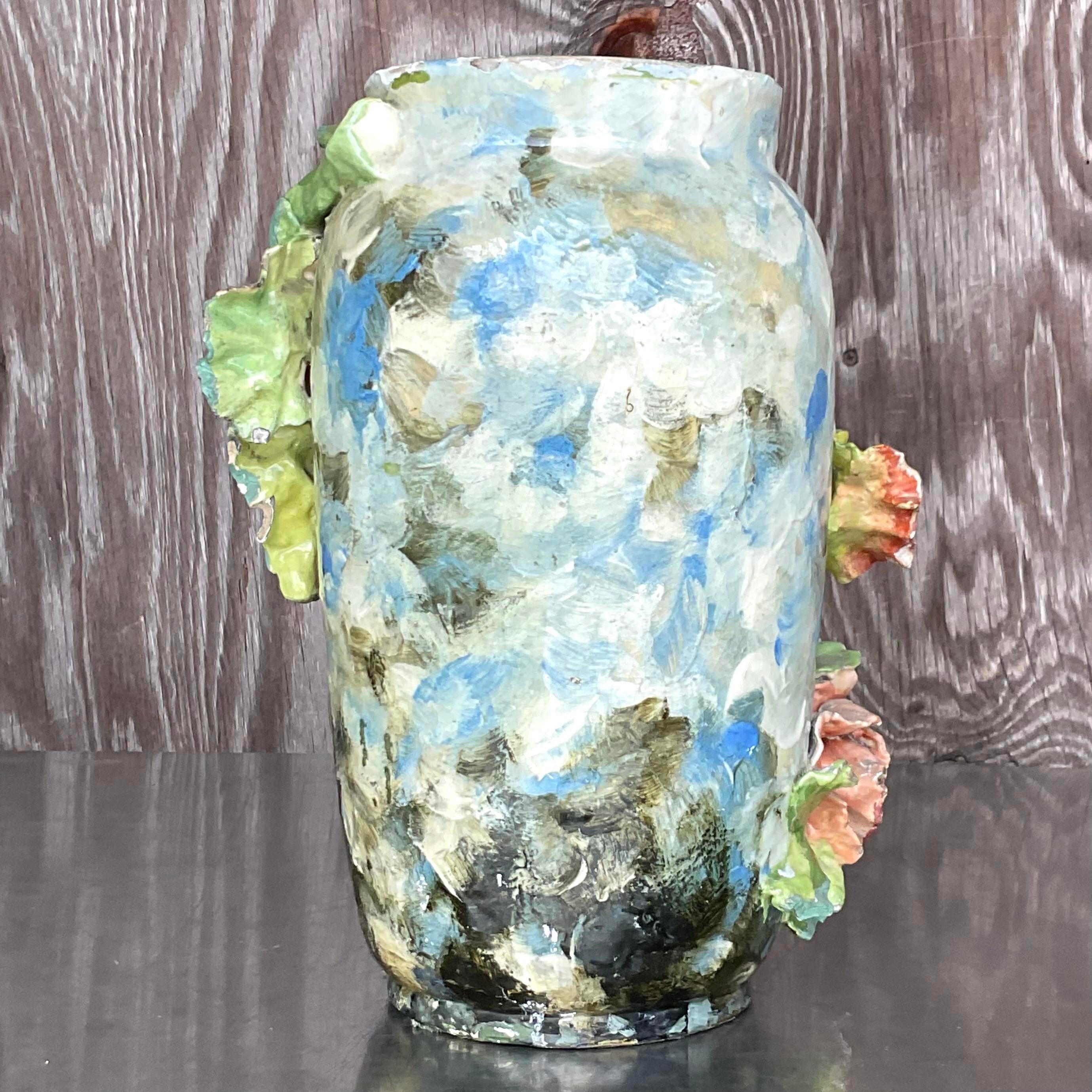 Vintage Boho Artisan Ceramic Flower Vase For Sale 2