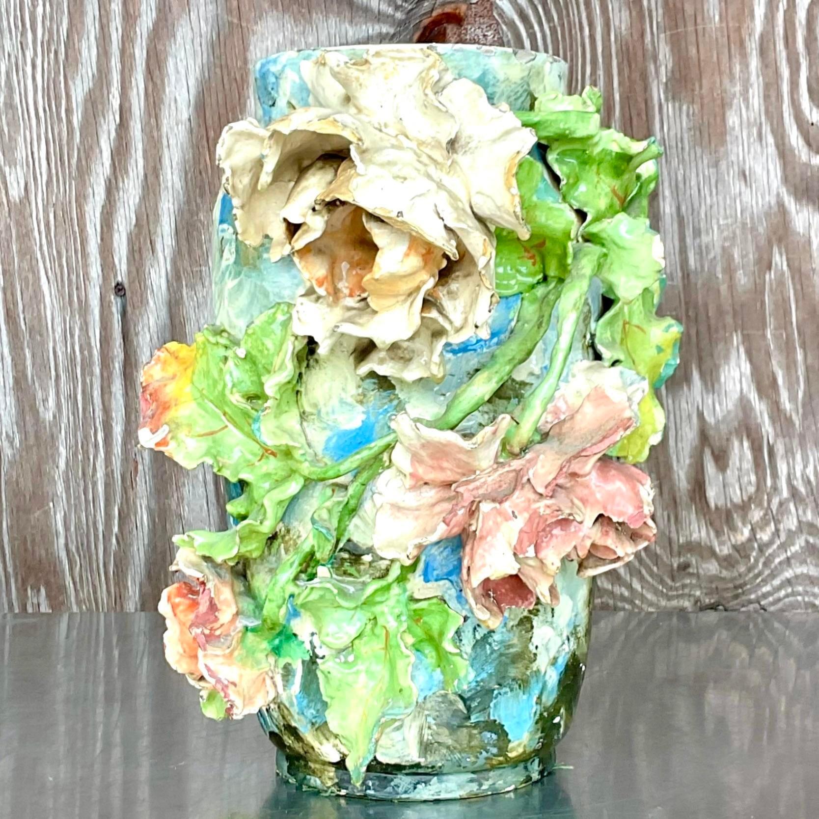 Vintage Boho Artisan Ceramic Flower Vase For Sale 3