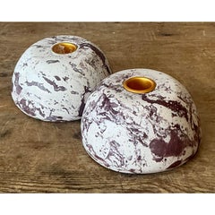 Vintage Boho Artisan Pigmented Plaster Scagliola Dome Candlestick Holders - A Pr