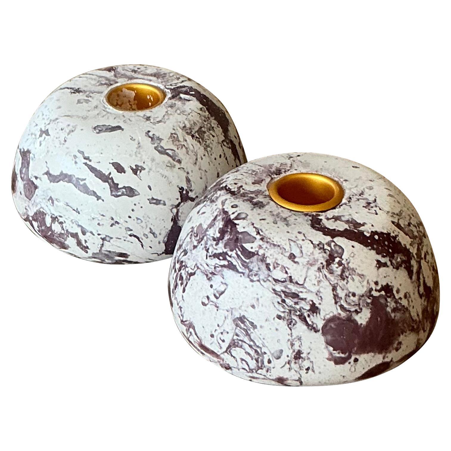 Vintage Boho Artisan Pigmented Plaster Scagliola Dome Candlestick Holders - A Pr