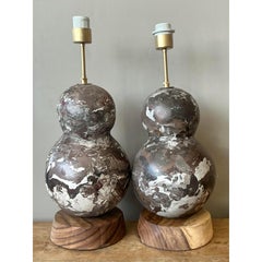 Vintage Boho Artisanal Scagliola Pigmented Plaster Gourd Lamps - A Pair