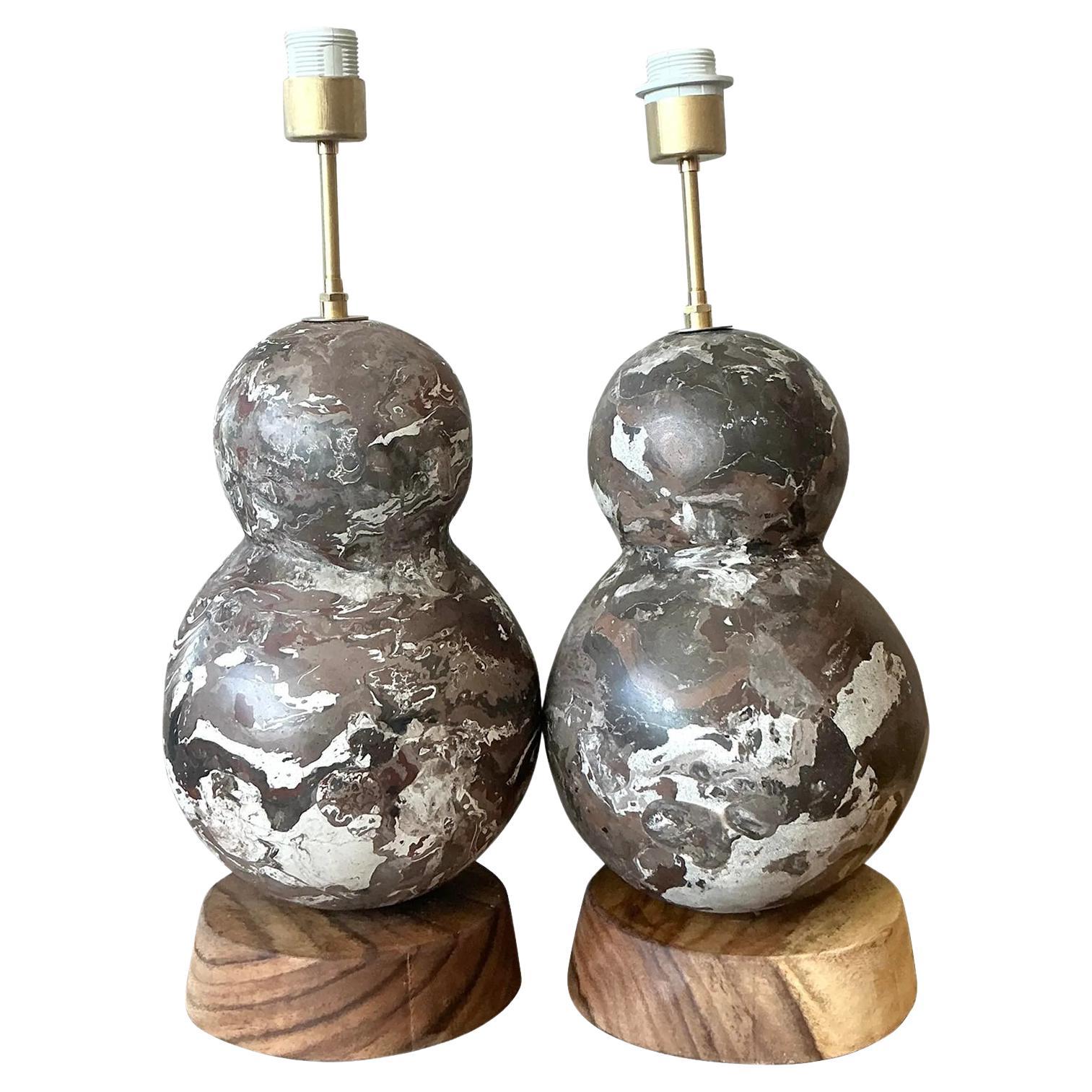 Vintage Boho Artisanal Scagliola Pigmented Plaster Gourd Lamps - A Pair For Sale