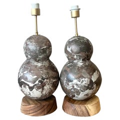 Vintage Boho Artisanal Scagliola Pigmented Plaster Gourd Lamps - A Pair