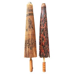 Vintage Boho Asian Patinated Paper Parasols - Set of 2