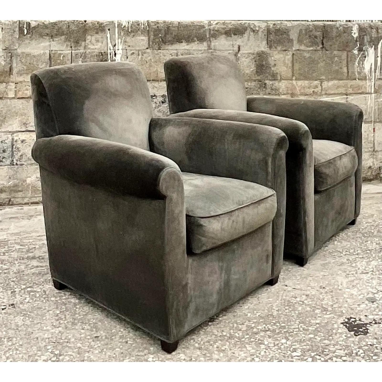 20th Century Vintage Boho Baker for Coach Suede Club Chairs, a Pair