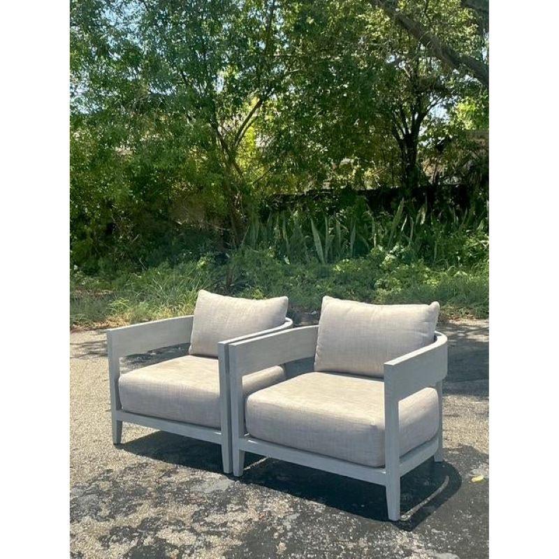 Organic Modern Vintage Boho “Balmain” Outdoor Lounge Chairs After Restoration Hardware-Set of 2 For Sale