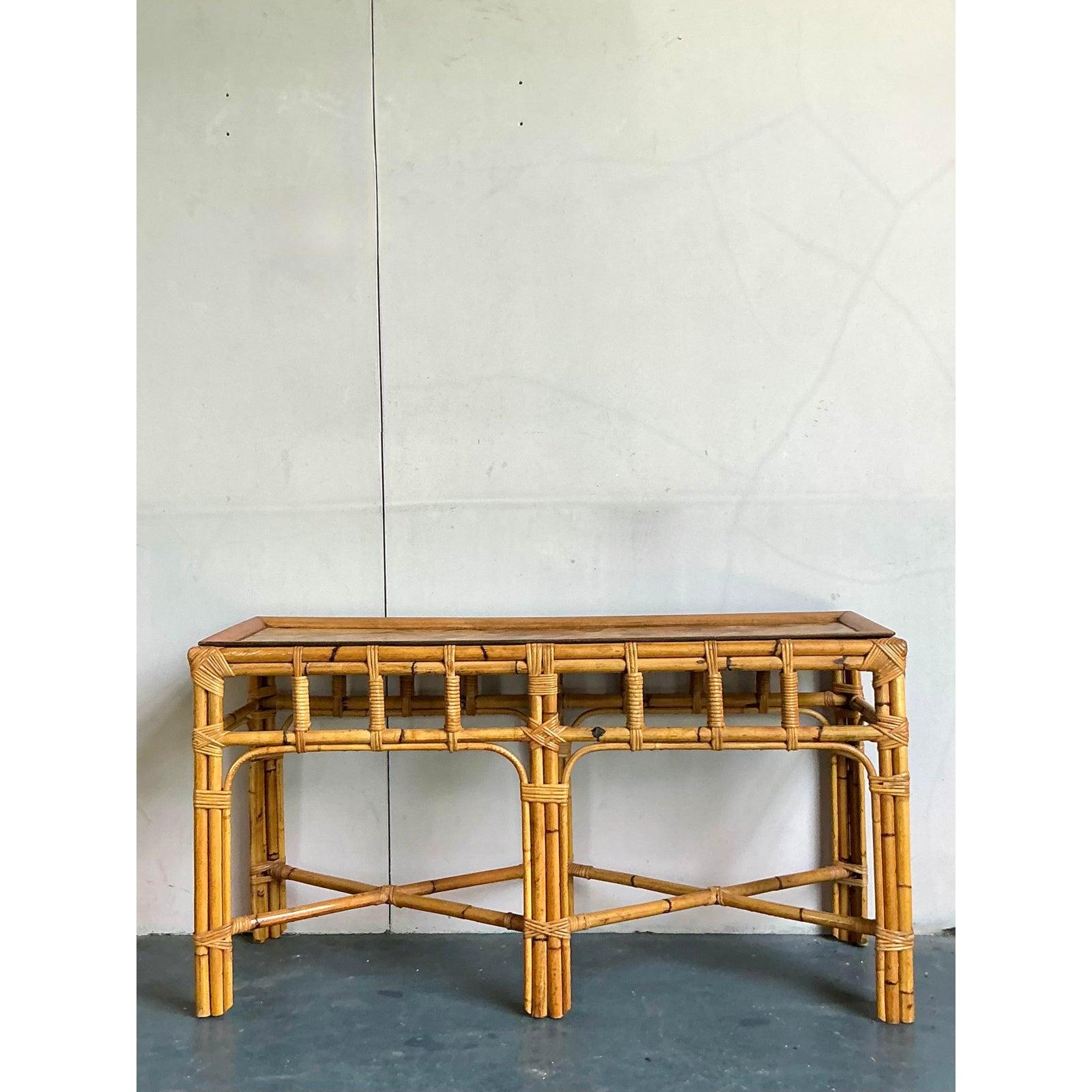 Vintage Boho Bambus und Wurzelholz Konsolentisch im Angebot 1