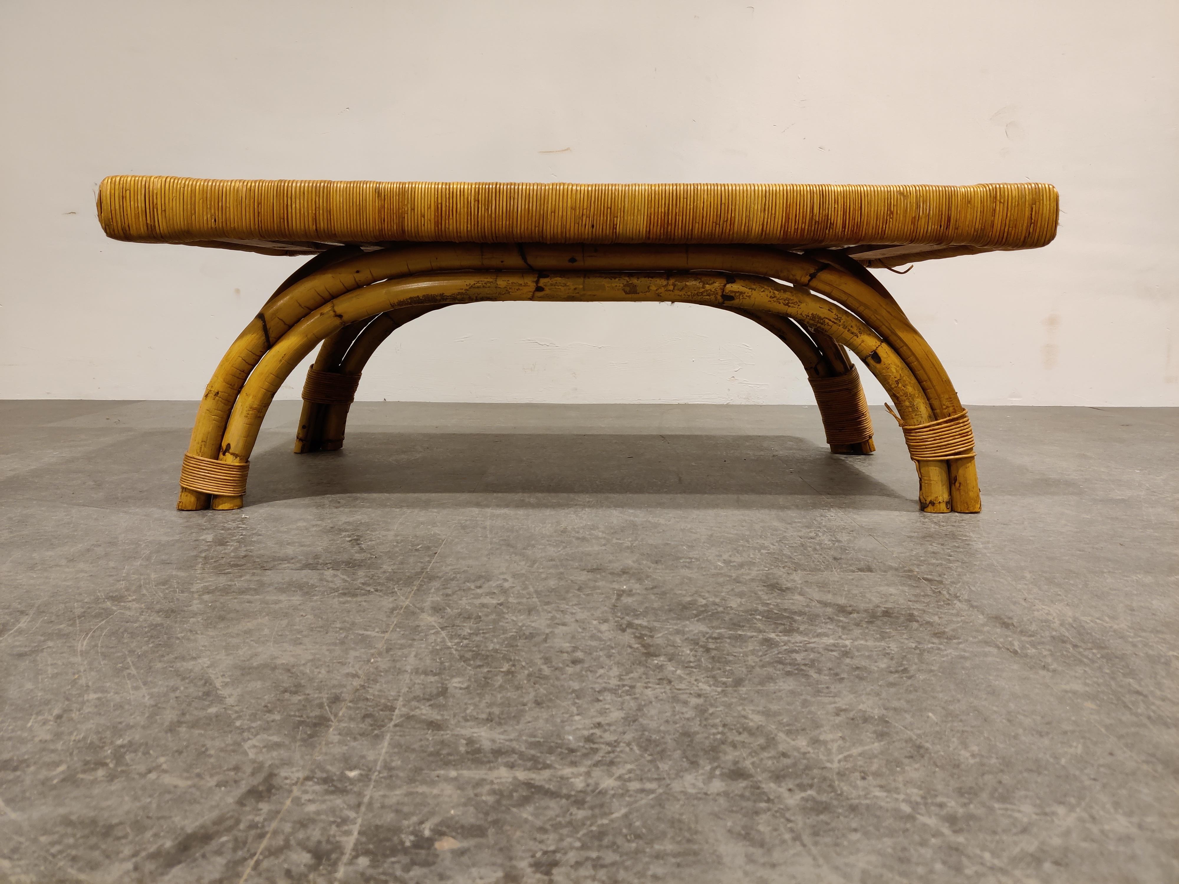 French Vintage Boho Bamboo and Ceramic Coffee Table, 1960s