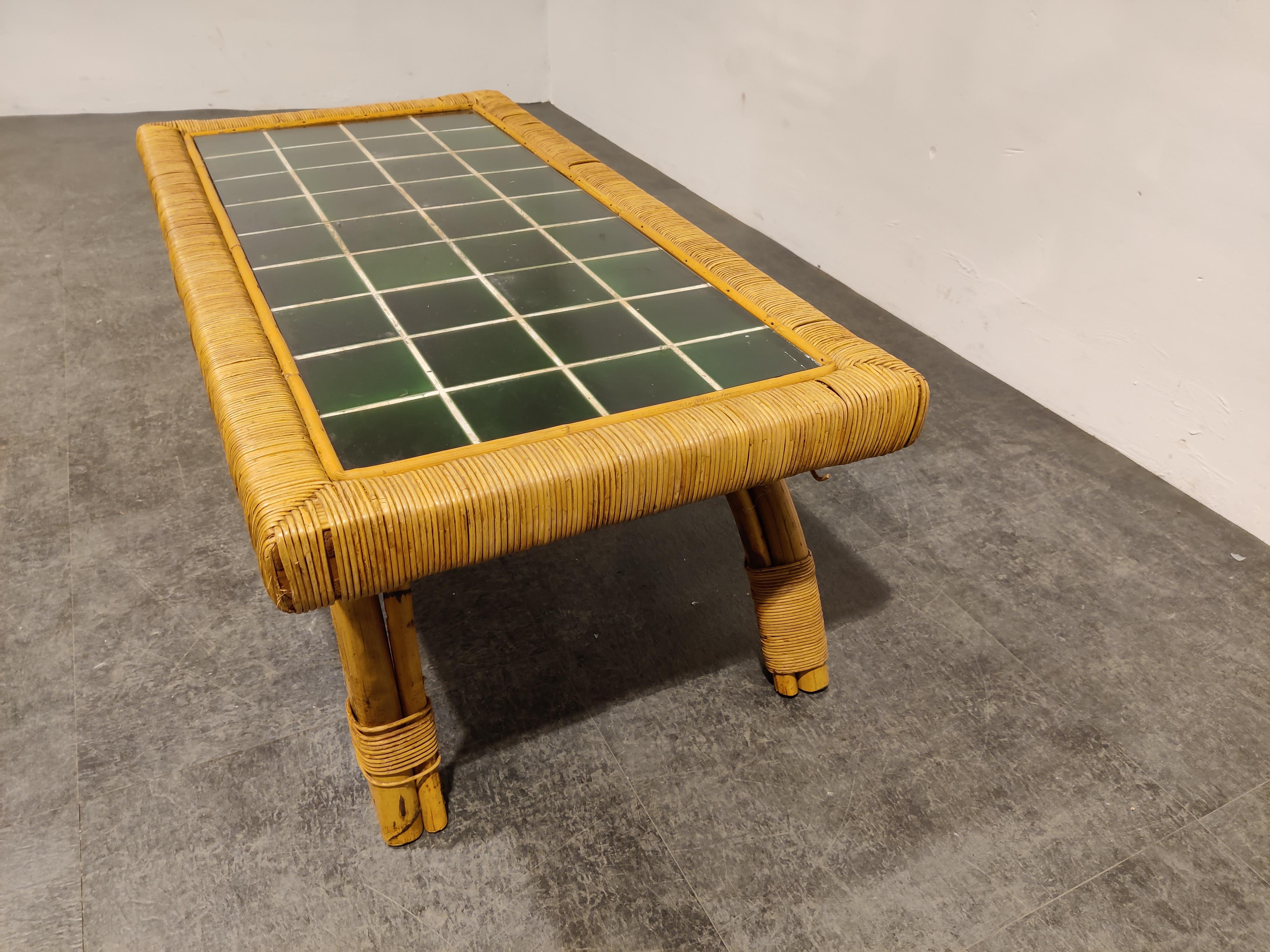 Vintage Boho Bamboo and Ceramic Coffee Table, 1960s In Good Condition In HEVERLEE, BE
