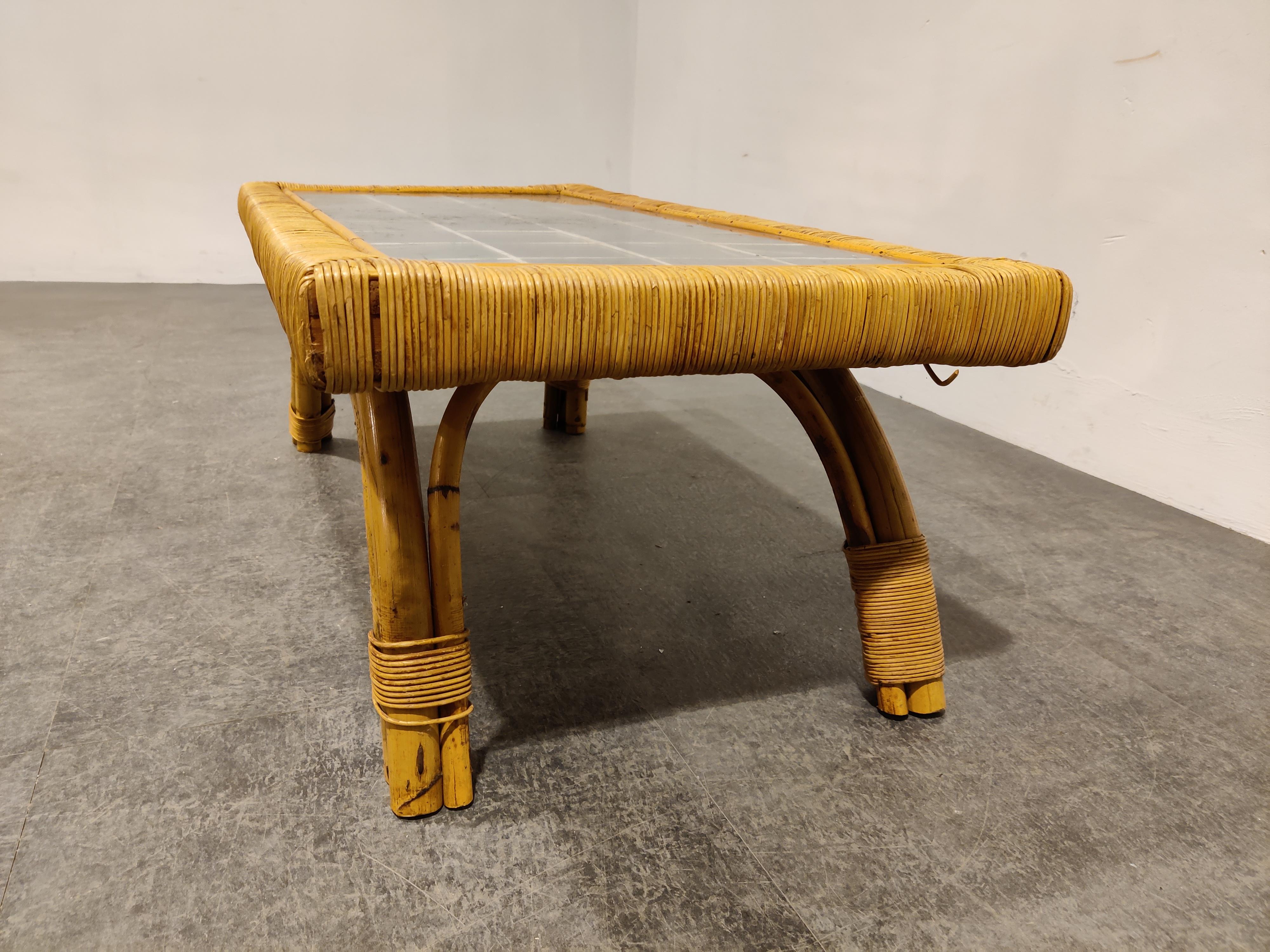 Mid-20th Century Vintage Boho Bamboo and Ceramic Coffee Table, 1960s