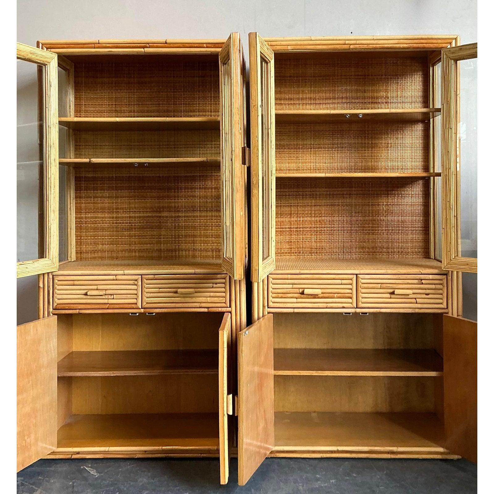 Mid-Century Modern Vintage Boho Bamboo Cabinets - A Pair For Sale