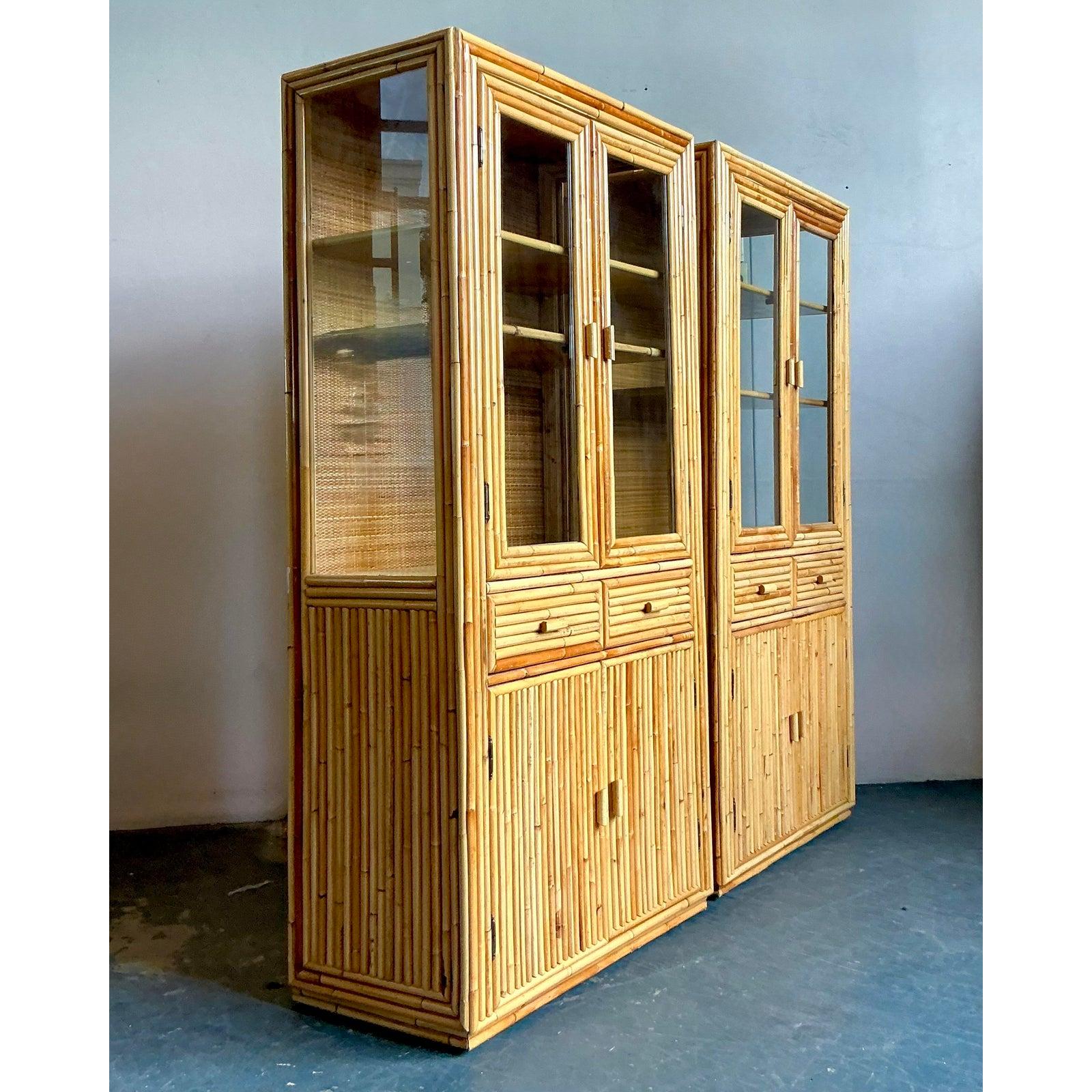 Philippine Vintage Boho Bamboo Cabinets - A Pair For Sale