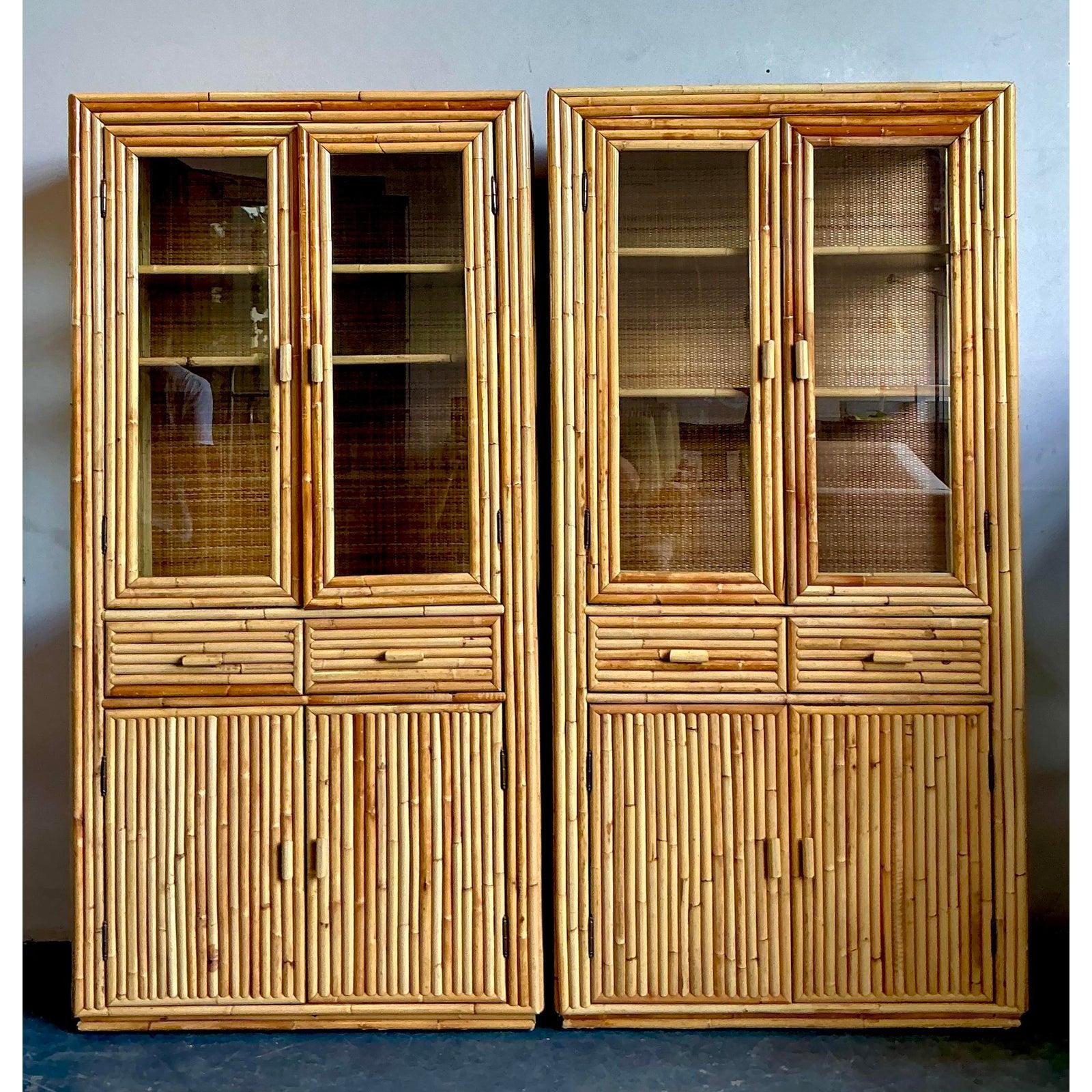 Vintage Boho Bamboo Cabinets - A Pair In Good Condition For Sale In West Palm Beach, FL