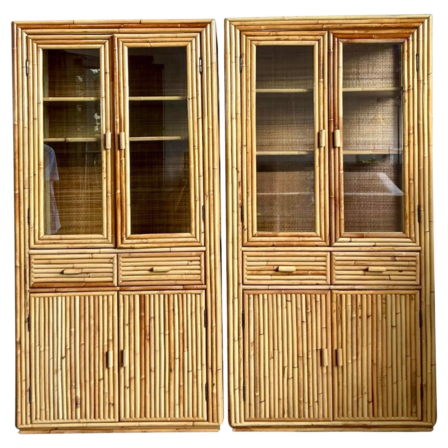 Vintage Boho Bamboo Cabinets - A Pair For Sale