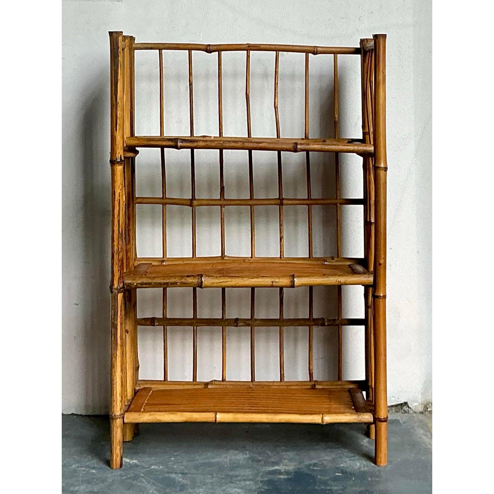 Organic Modern Vintage Boho Bamboo Folding Etagere For Sale