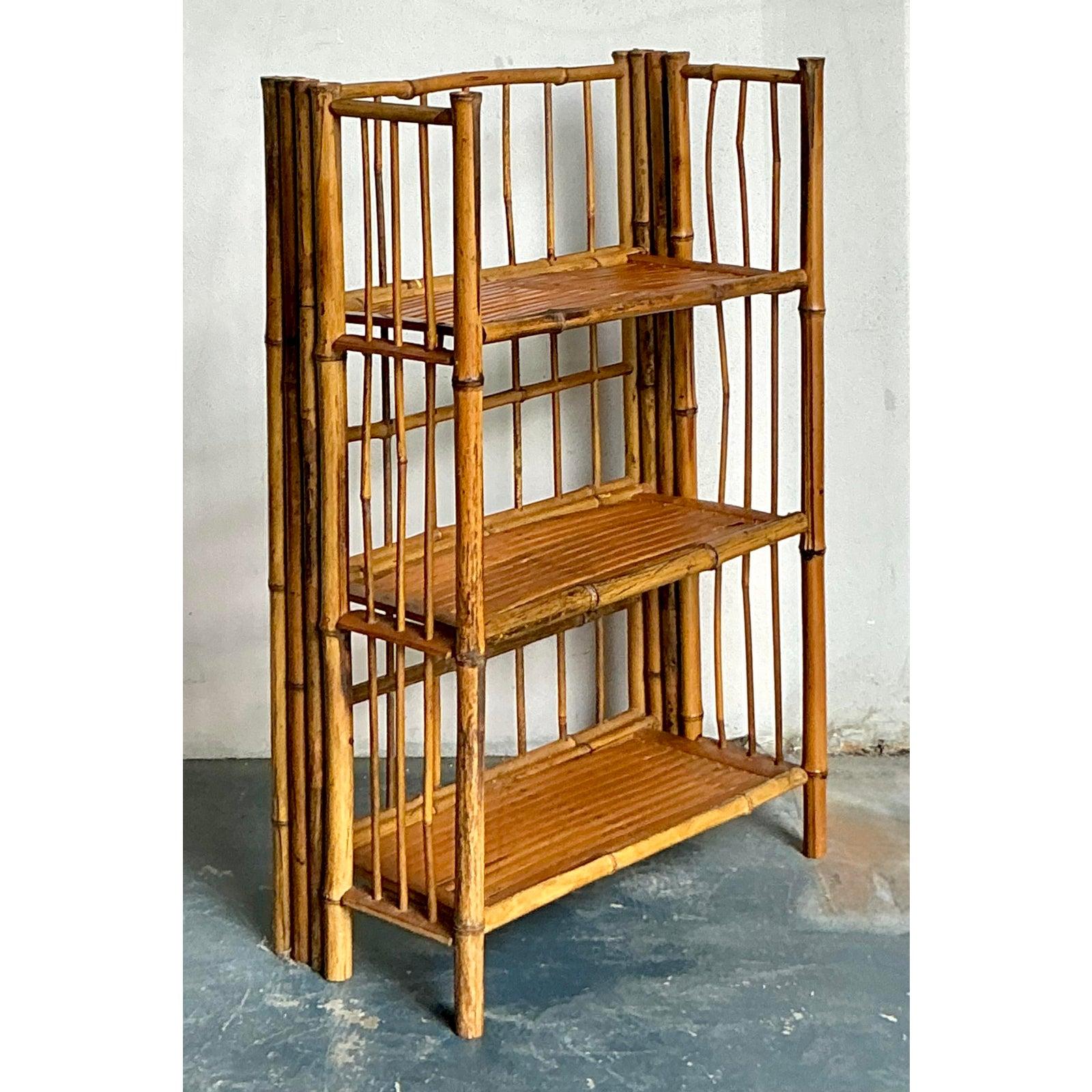 Vintage Boho Bamboo Folding Etagere For Sale 3