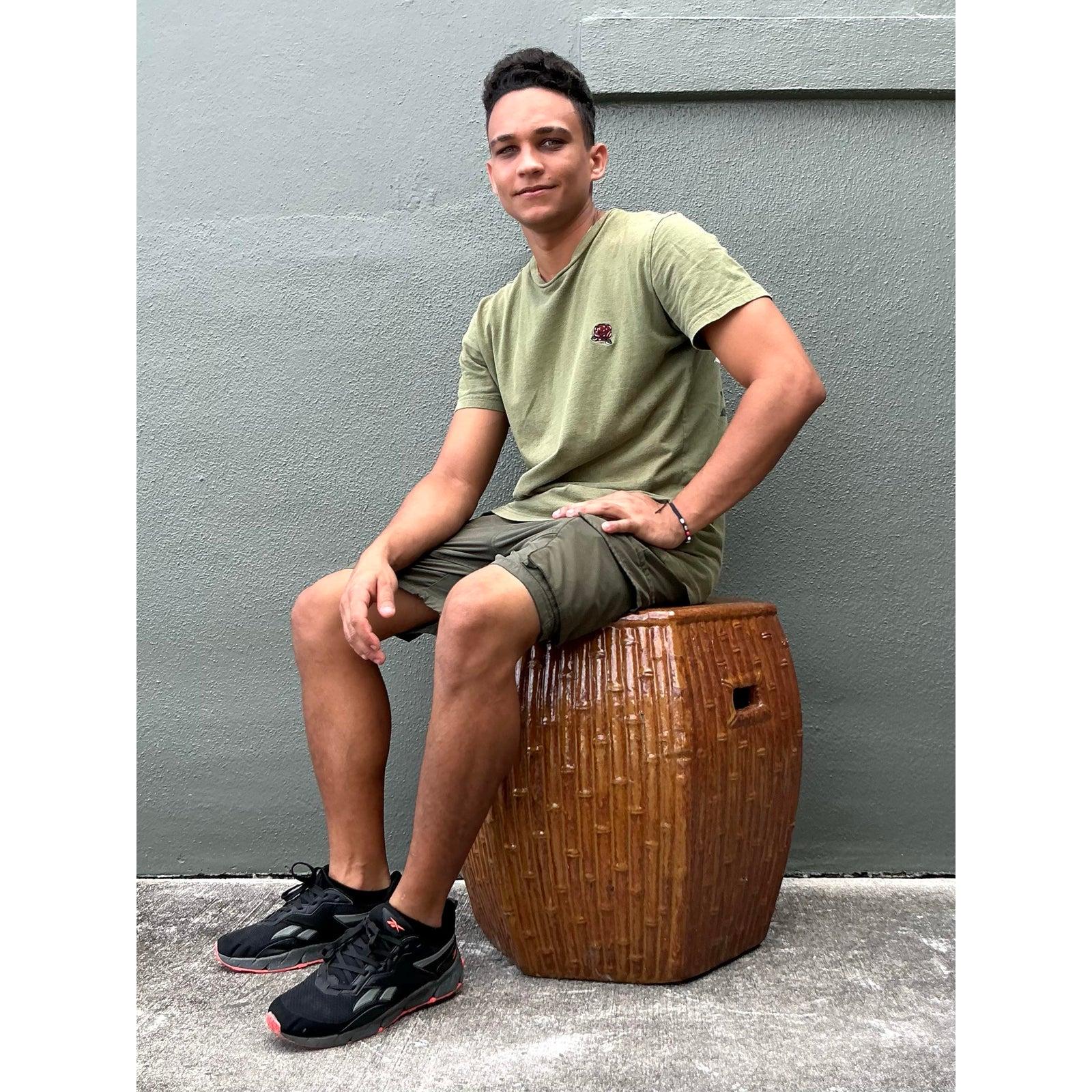 Vintage Boho Bamboo Glazed Ceramic Low Stool (Chinoiserie) im Angebot