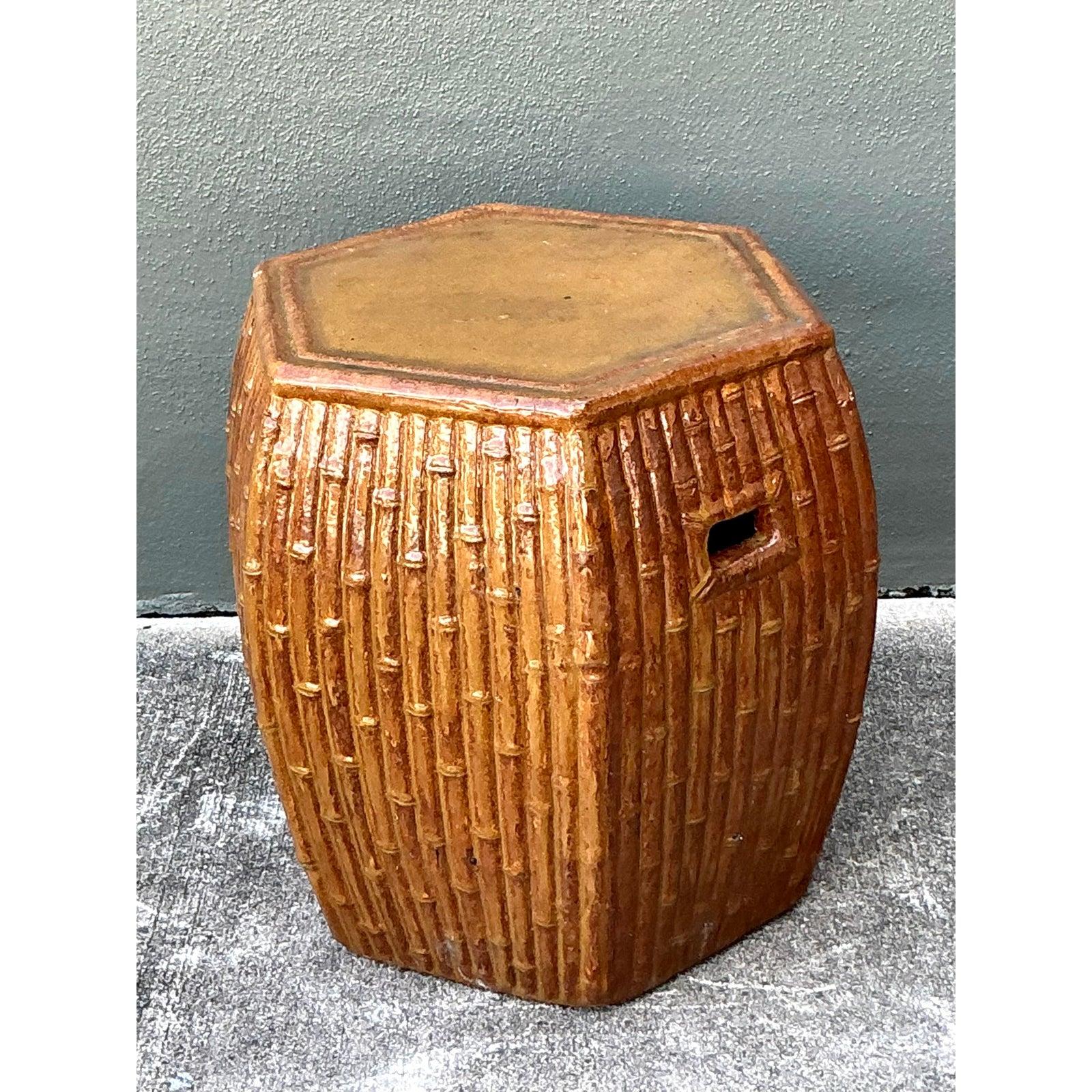 Vintage Boho Bamboo Glazed Ceramic Low Stool (Chinesisch) im Angebot