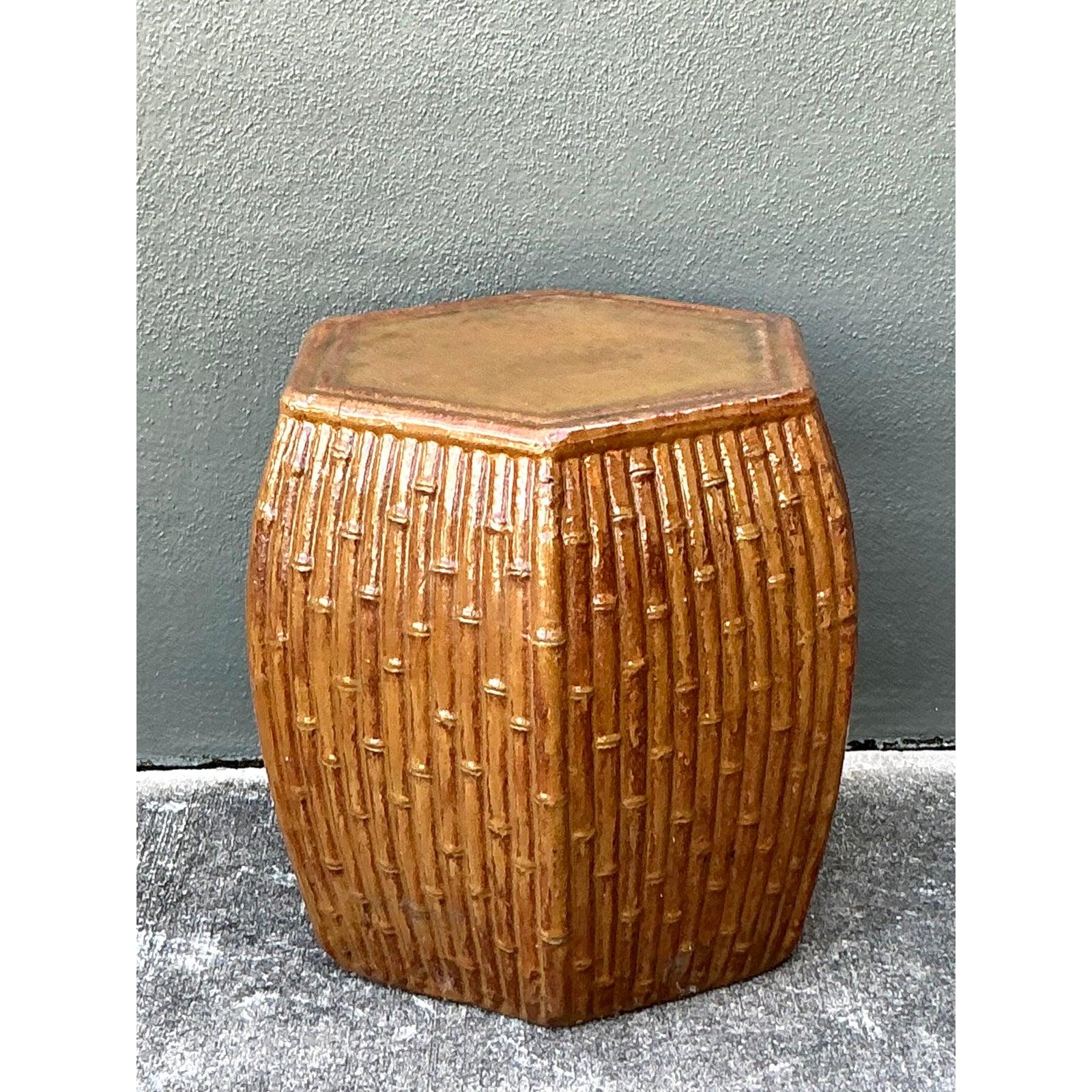Vintage Boho Bamboo Glazed Ceramic Low Stool im Zustand „Gut“ im Angebot in West Palm Beach, FL