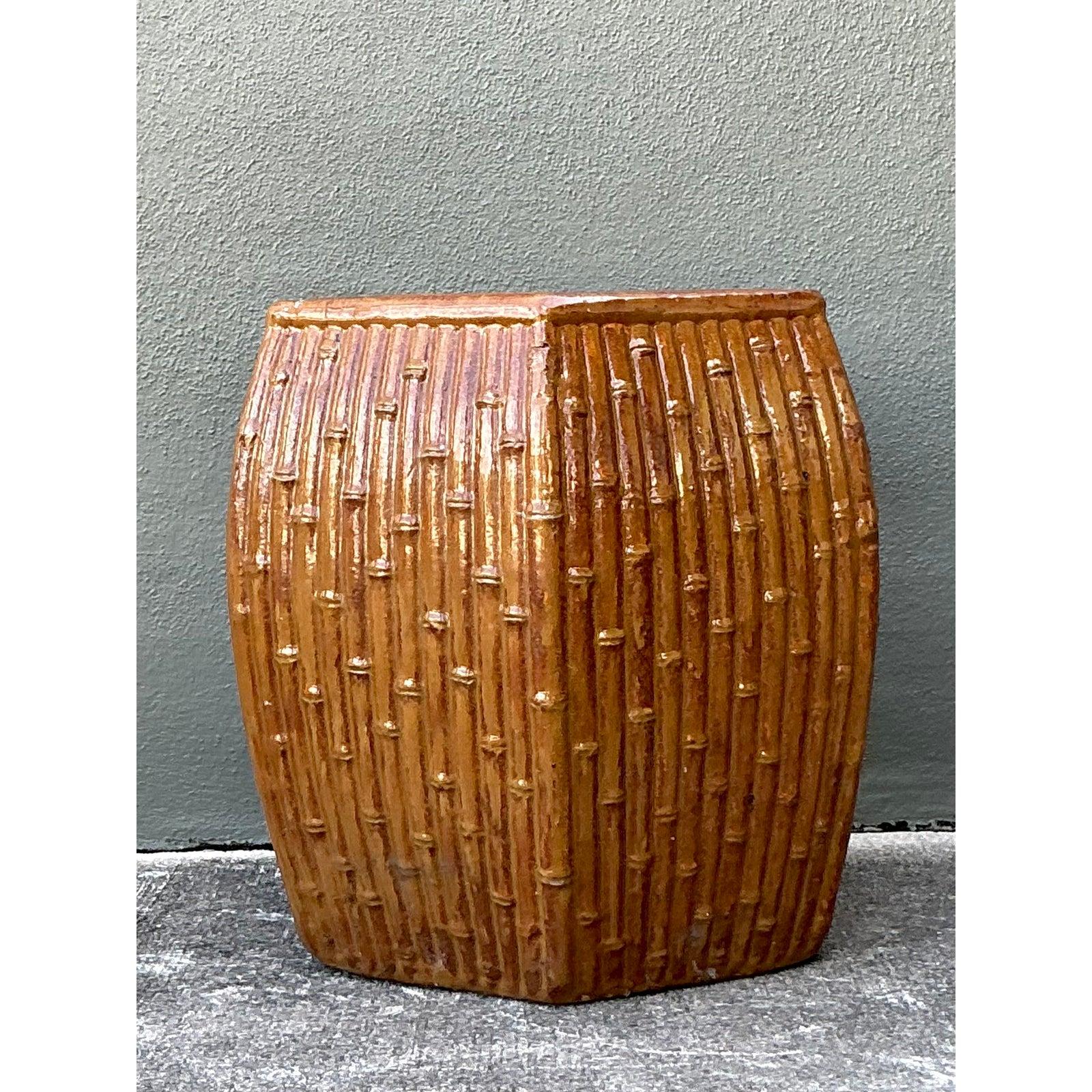 Vintage Boho Bamboo Glazed Ceramic Low Stool (20. Jahrhundert) im Angebot