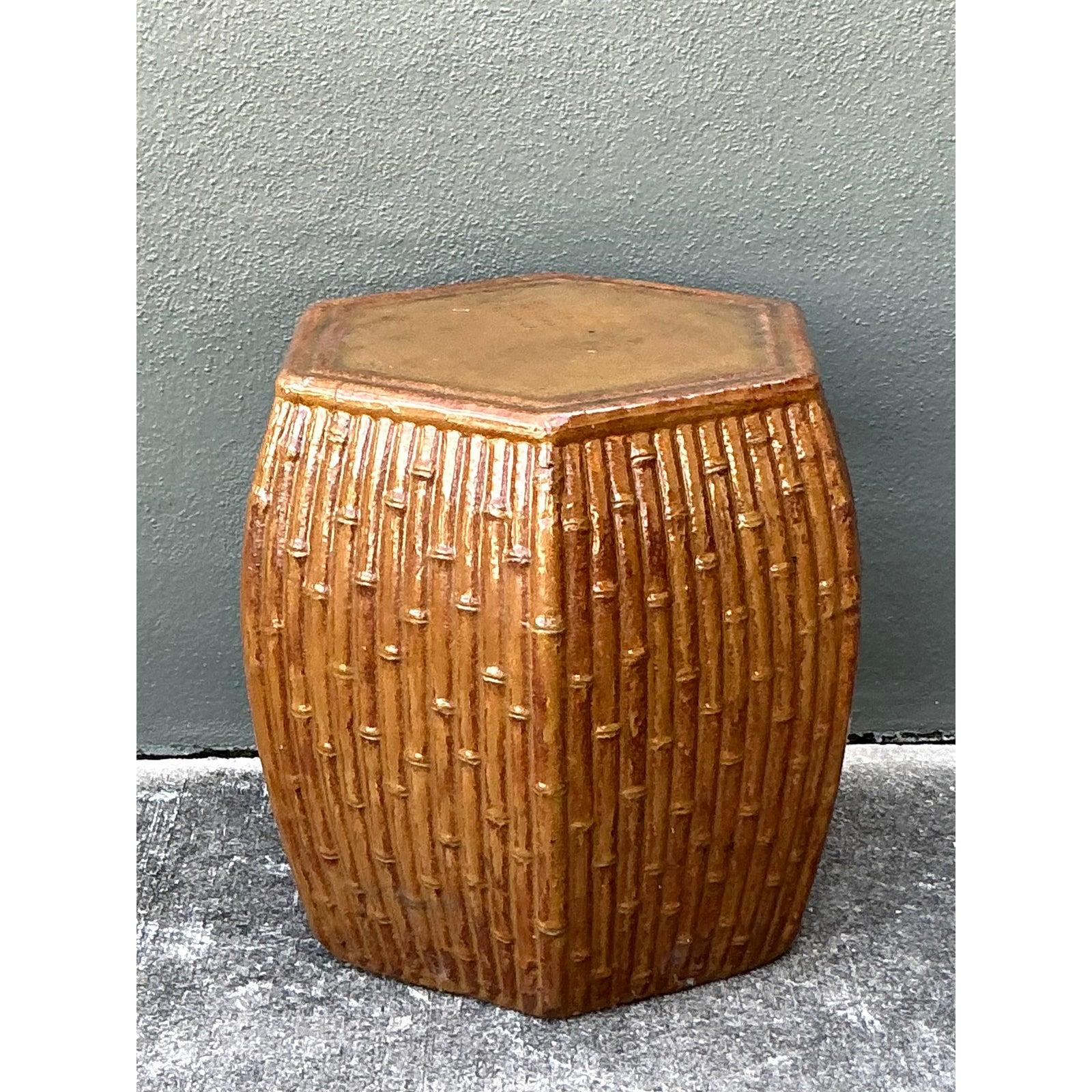 Vintage Boho Bamboo Glazed Ceramic Low Stool (Keramik) im Angebot
