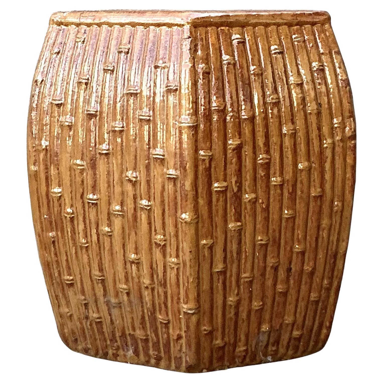 Vintage Boho Bamboo Glazed Ceramic Low Stool