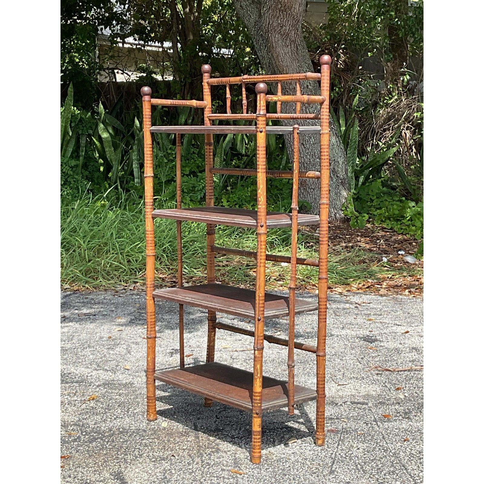 British Colonial Vintage Boho Bamboo Hall Etagere For Sale