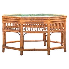 Mesa de centro octogonal vintage boho con medallón de bambú