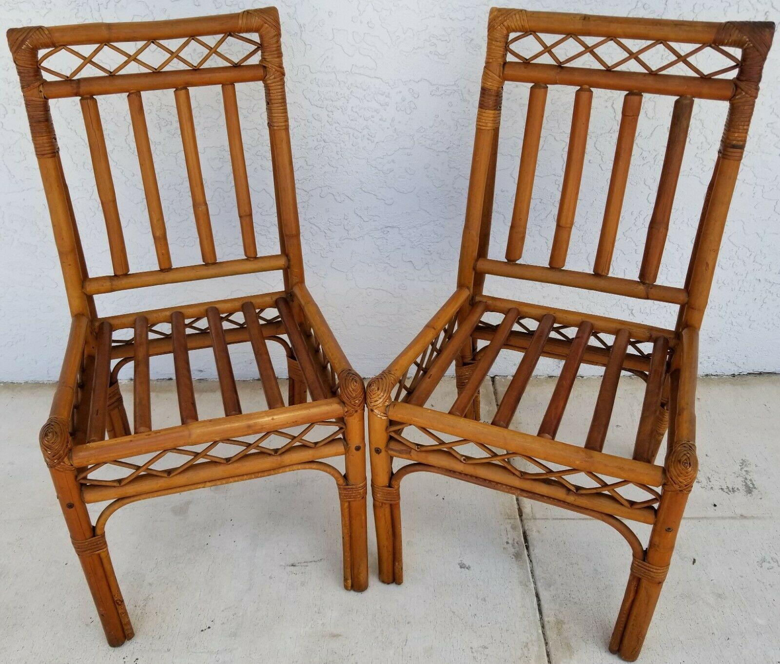 Offering One Of Our Recent Palm Beach Estate Fine Lighting Acquisitions Of A
Vintage MCM Bamboo Rattan Side Dining Accent Chairs with Asian Cushions - Set of 2

 Approximate Measurements in Inches
34