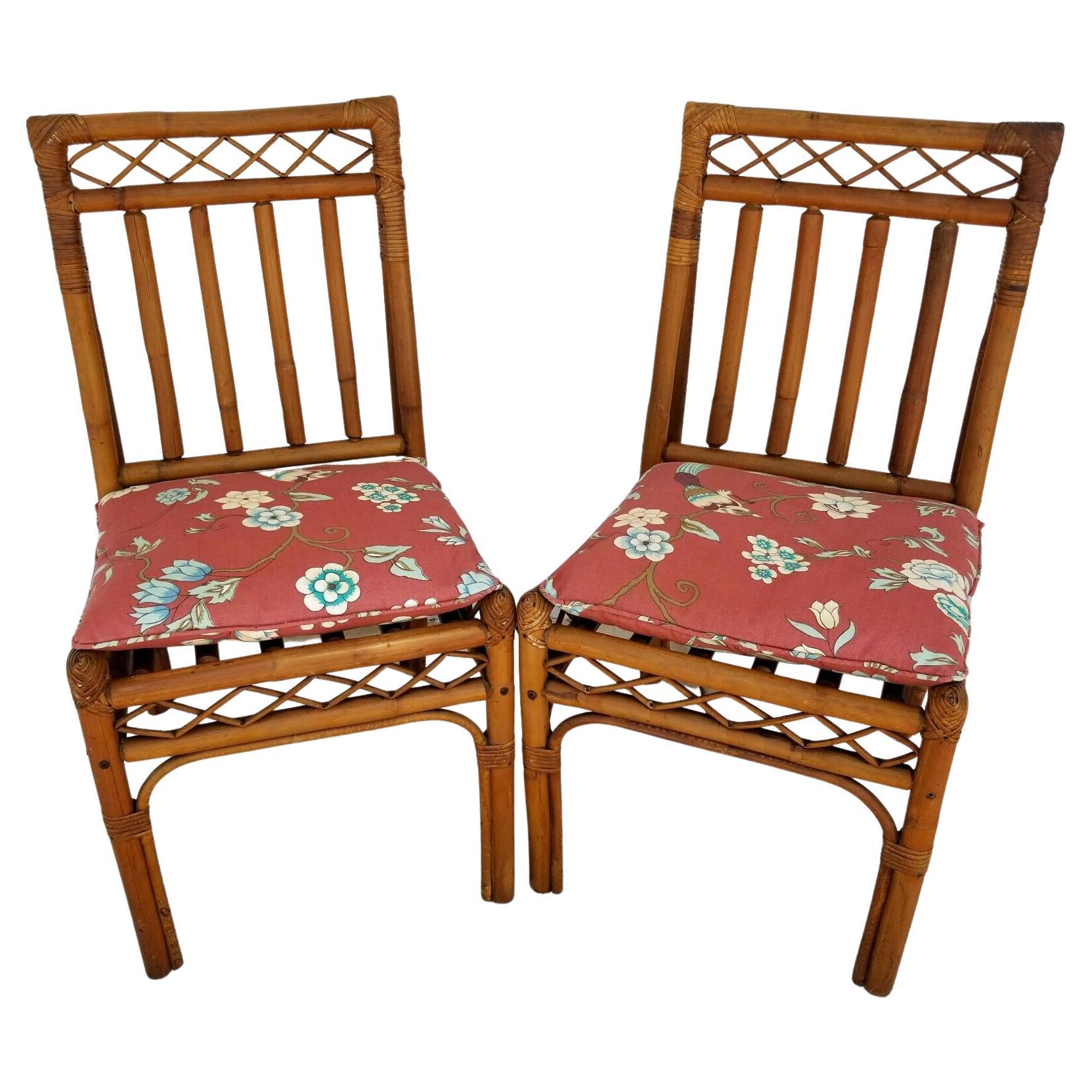 Vintage Boho Bamboo Rattan Side Dining Accent Chairs, Set of 2 For Sale