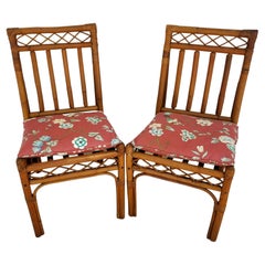 Vintage Boho Bamboo Rattan Side Dining Accent Chairs Pair