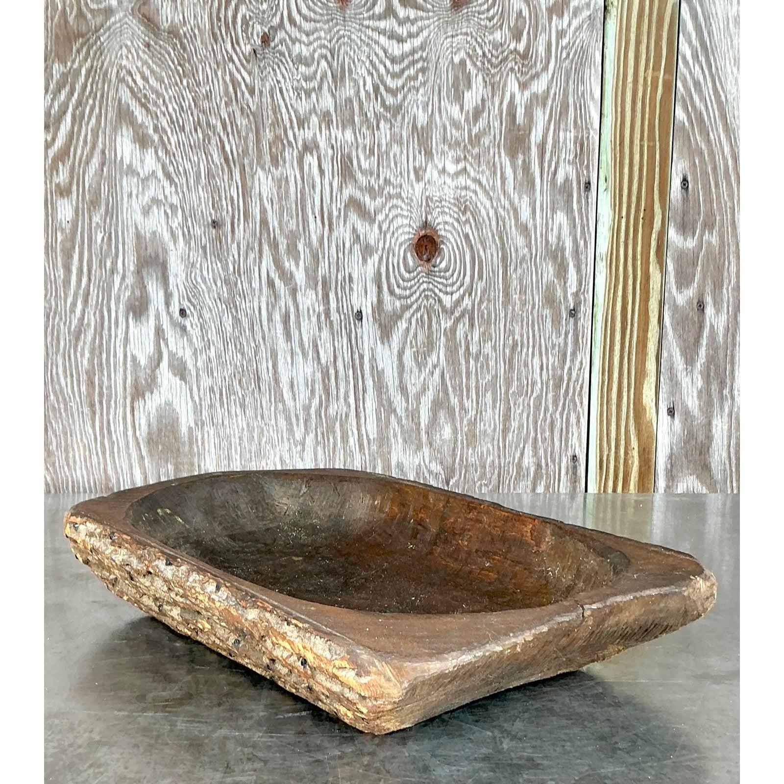 American Vintage Boho Bark Covered Dough Bowl For Sale