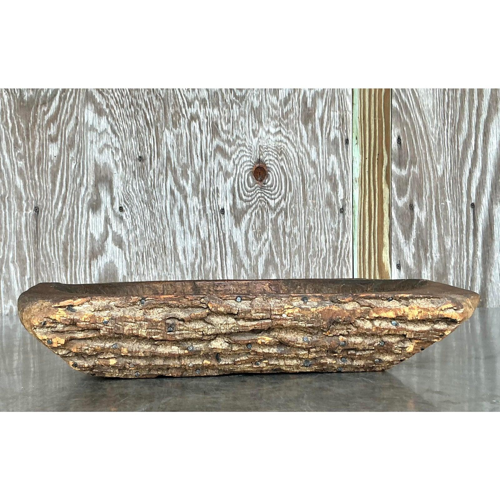 Vintage Boho Bark Covered Dough Bowl In Good Condition For Sale In west palm beach, FL