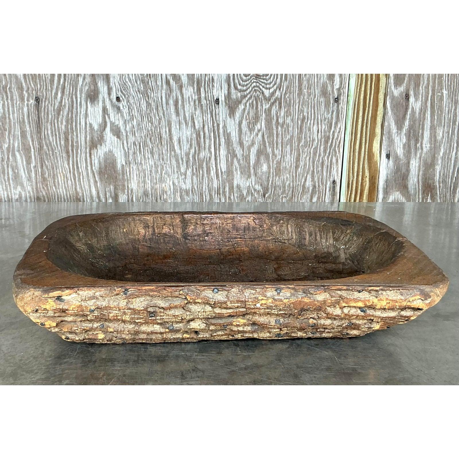 20th Century Vintage Boho Bark Covered Dough Bowl For Sale