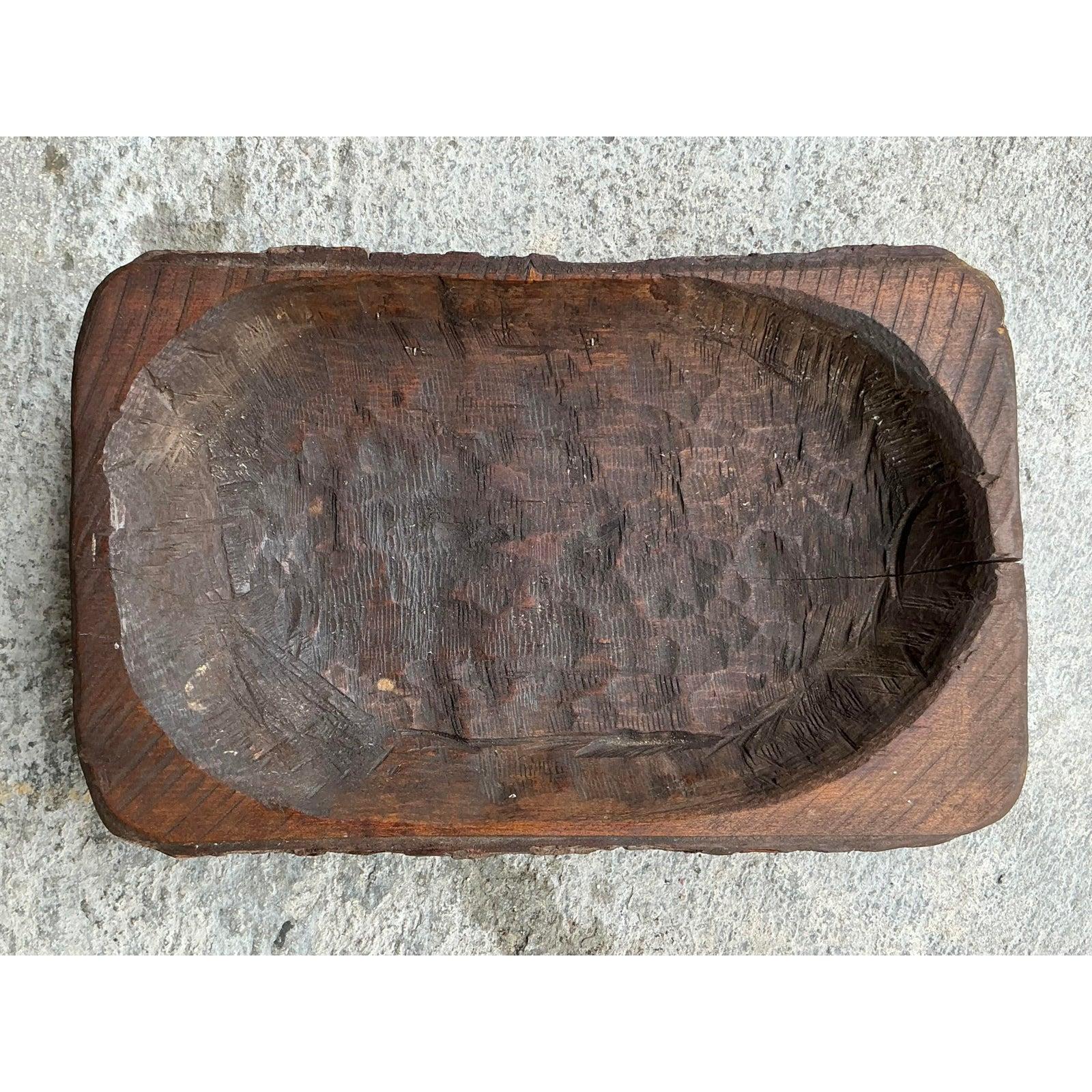 Wood Vintage Boho Bark Covered Dough Bowl For Sale