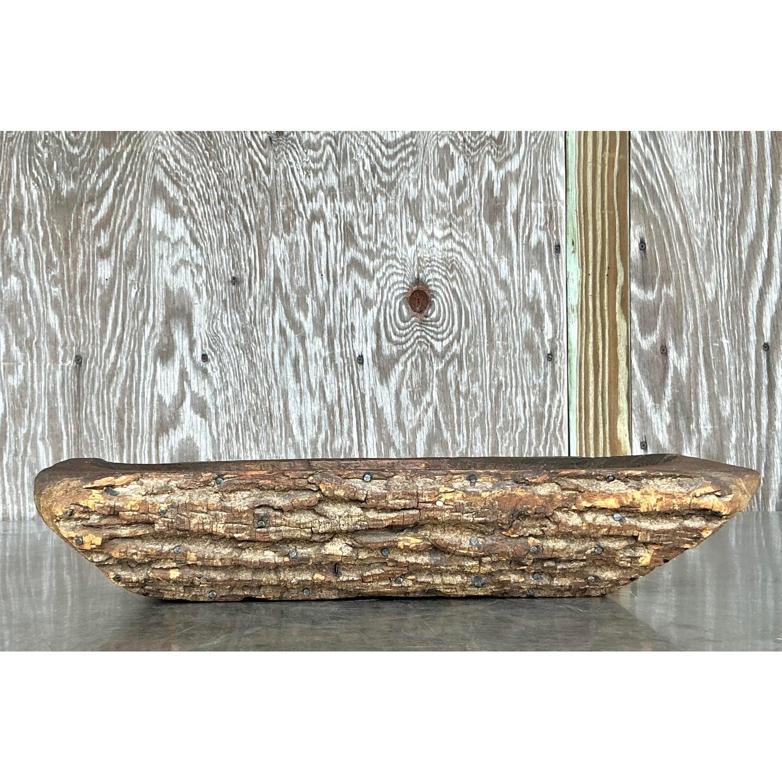 Vintage Boho Bark Covered Dough Bowl For Sale 1
